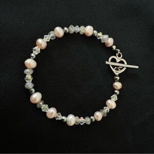 Freshwater pearl, crystal, and sterling silver bracelet